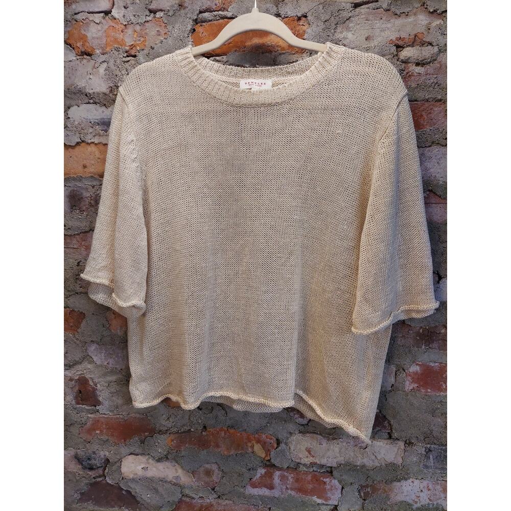 DEMYLEE Womens Cream Linen Knit Top S 3/4 Sleeve Open Weave Pullover